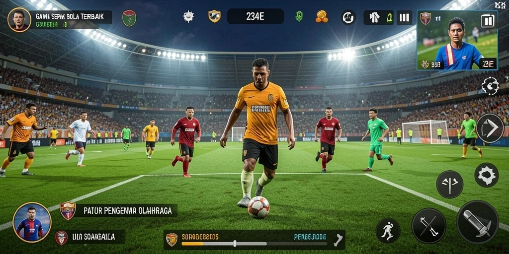 Screenshot gameplay 234E menampilkan aksi seru dalam pertandingan sepak bola.