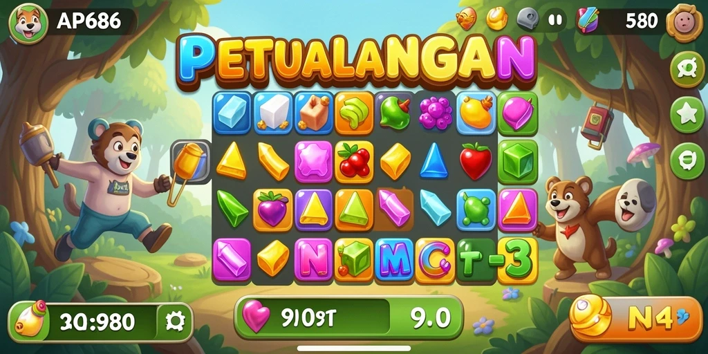 Screenshot gameplay AP686 menampilkan aksi seru mencocokkan permata.