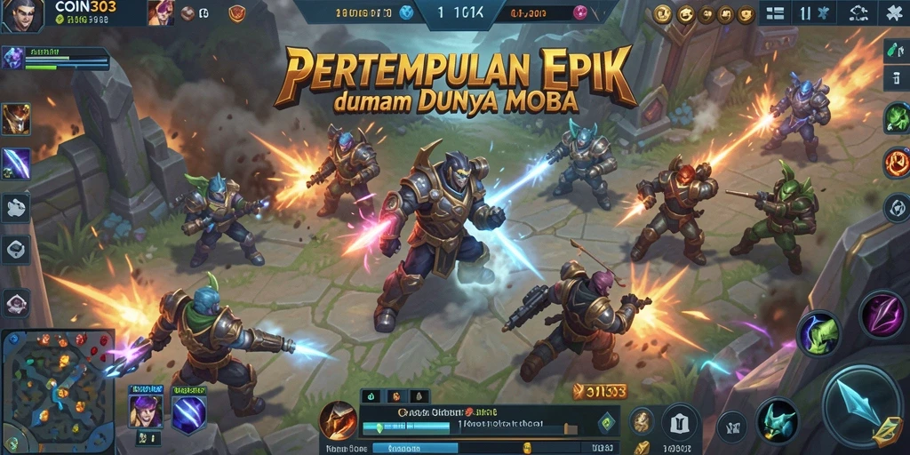 Tangkapan layar gameplay COIN303 yang menunjukkan pertarungan tim MOBA.