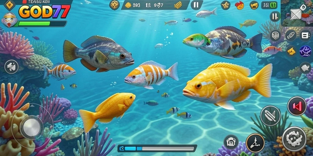 Screenshot gameplay menampilkan aksi seru Tembak Ikan di bawah laut.
