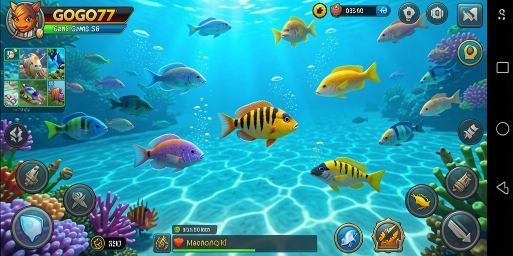 Screenshot utama GOGO77 menampilkan gameplay seru saat menangkap ikan.