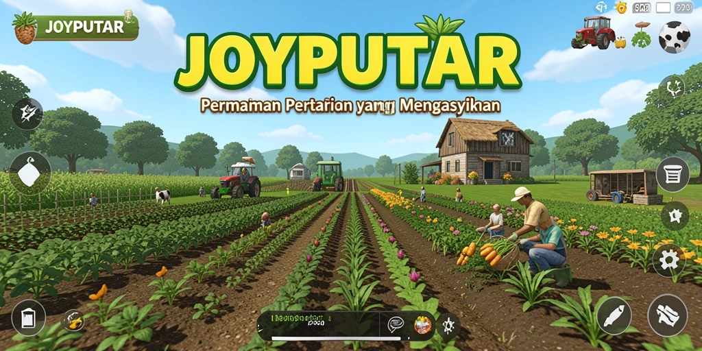 Screenshot gameplay JOYPUTAR menampilkan ladang yang indah dan aktivitas bertani.