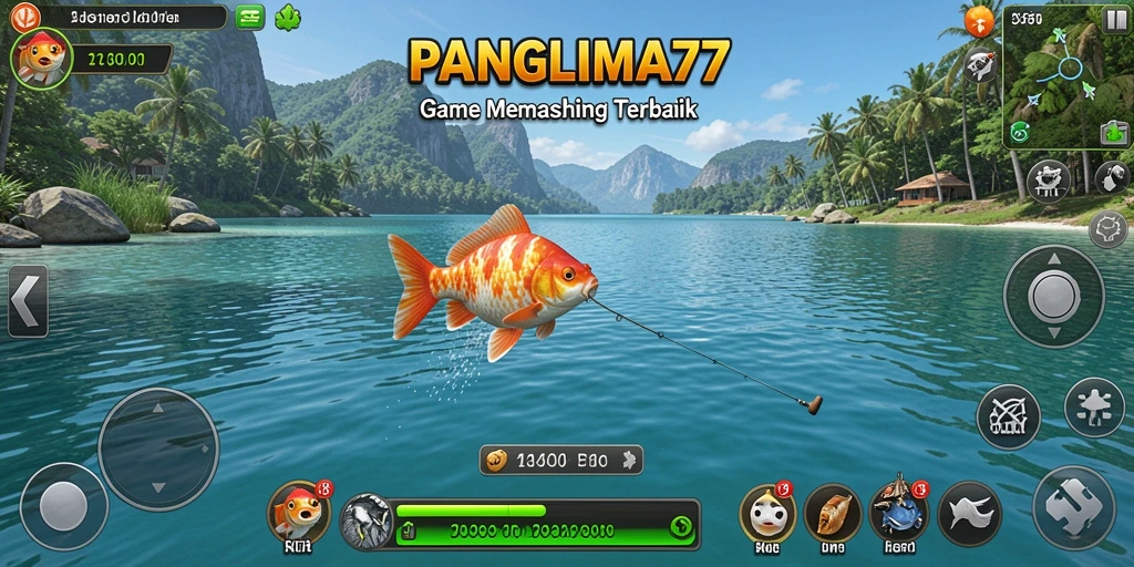 Screenshot gameplay <strong>PANGLIMA77</strong> menampilkan aksi memancing yang seru dan lokasi yang indah.
