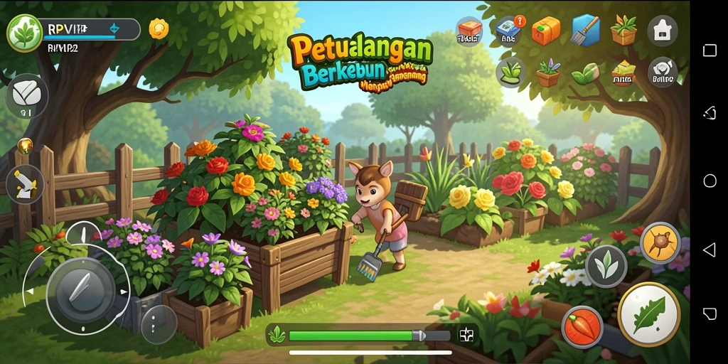 Screenshot gameplay RPVIP2 menunjukkan aktivitas berkebun yang seru.