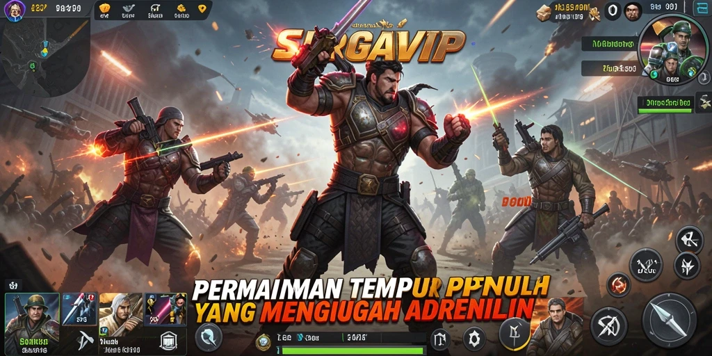 Tampilan gameplay SURGAVIP yang intens dan penuh aksi dalam pertempuran TPS.