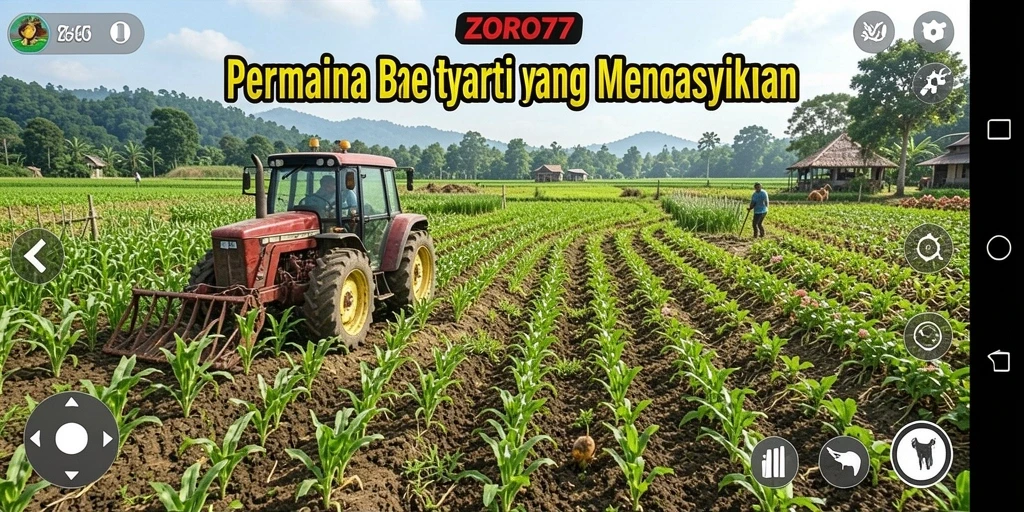 Tampilan gameplay seru dalam ZORO77 yang menampilkan pertanian yang subur.